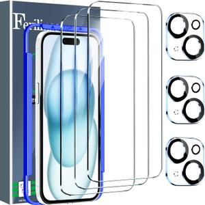 Ferilinso 3 Pack Screen Protector for iPhone 15 with 3 Pack Tempered Glass Camera Lens Protector Phone Case Friendly HD Accessories Protector de Pantalla for Apple iPhone 15 6.1 INCH
