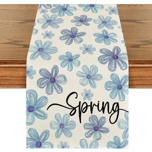 2 x Artoid Mode Blue Beige Hand-Painted Daisy Flower 210 GSM Spring Table Runner, Summer Kitchen Dining Table Decoration for Home Party Decor 13x72 Inch