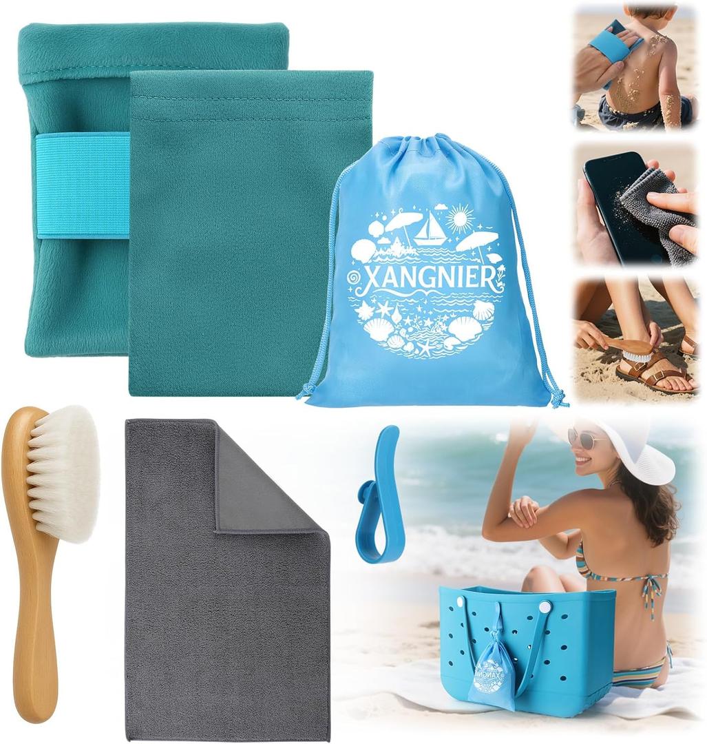 XANGNIER Sand Remover Brush Kits for Beach,Beach Vacation Essentials for Kids Women,Beach Accessories Must Haves for Summer Trip Camping Necessities&Supplies-with Hooks to Hang on The Bogg Bag,6pcs
