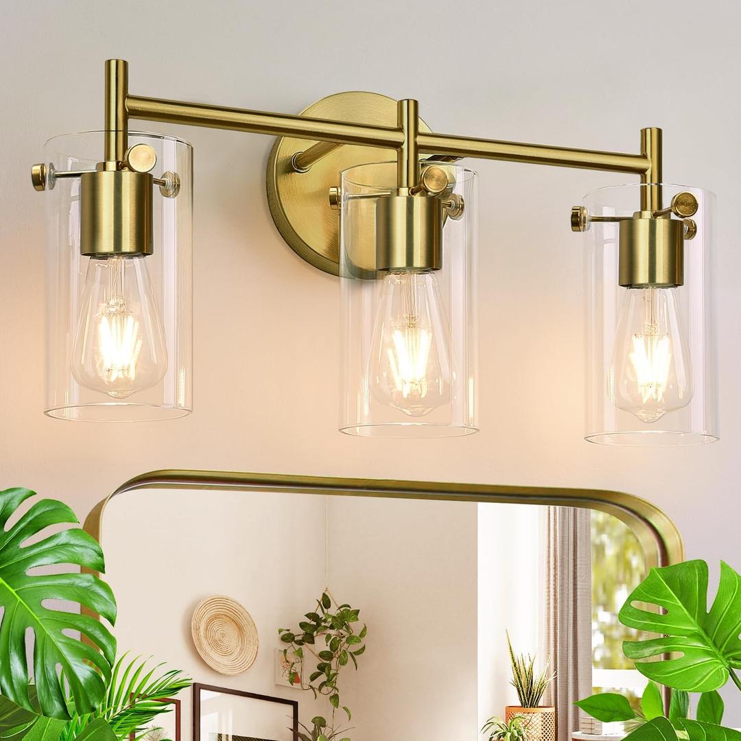 Bathroom Light Fixtures 2023 Upgrade, 3-Light Brushed Gold Vanity Light, Gold Bathroom Lights Over Mirror with Clear Glass Shade, Wall Sconces for Mirror Bedroom Living Room Hallway