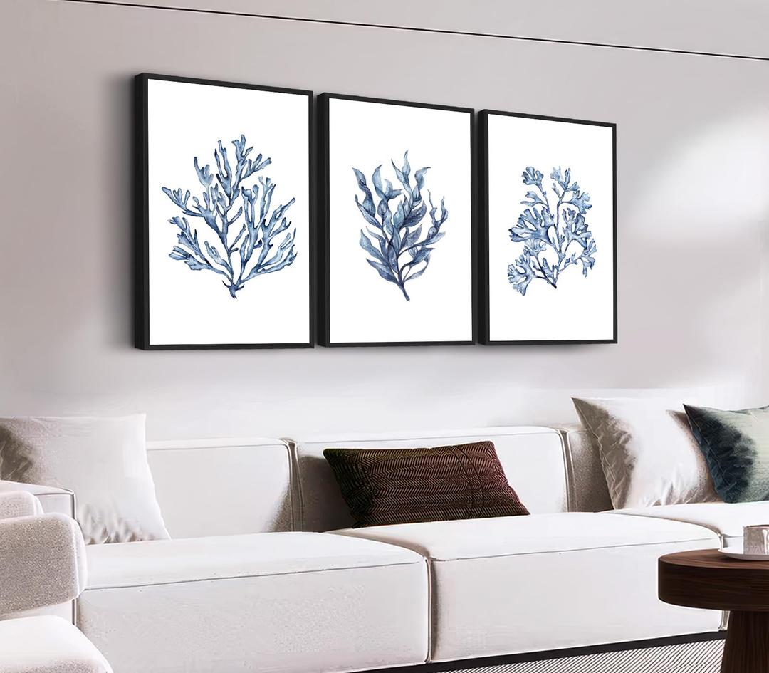 Large Framed Coral Wall Art, Navy Blue Coastal Ocean Life Prints, 20"x28"x3