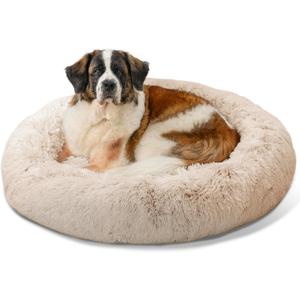 Best Friends by Sheri Original Calming Donut Dog and Cat Bed, Shag Faux Fur, Taupe, XL (45in x 45in) - Anxiety Relief for Pets Up to 150 lbs