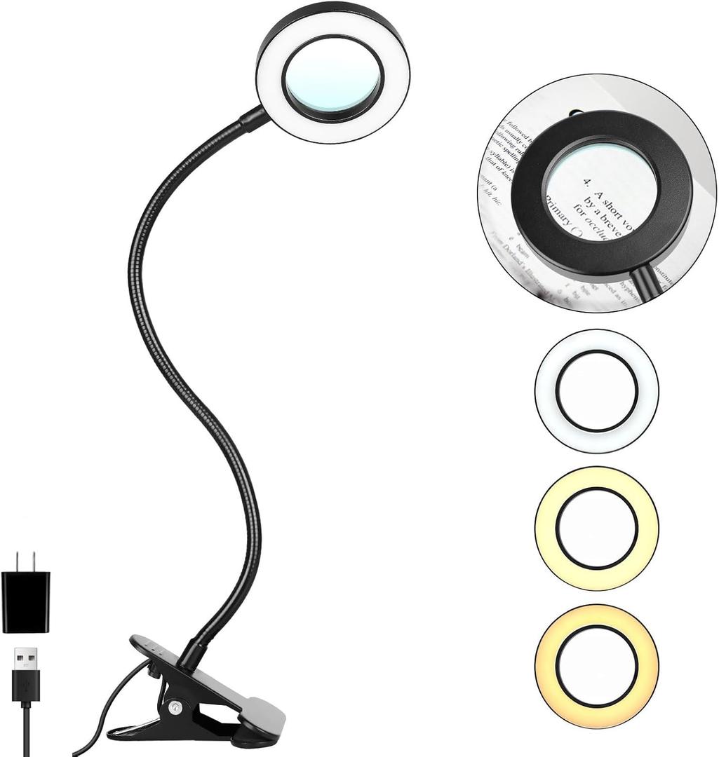 Upgraded Desk Clip-on Light with 5X Magnifying Glass, 10 Brightness Levels, 3 Color Modes, 5V/2A Adapter, Included, Clamp Light for Reading, Crafting, Painting, Close Work (Black)