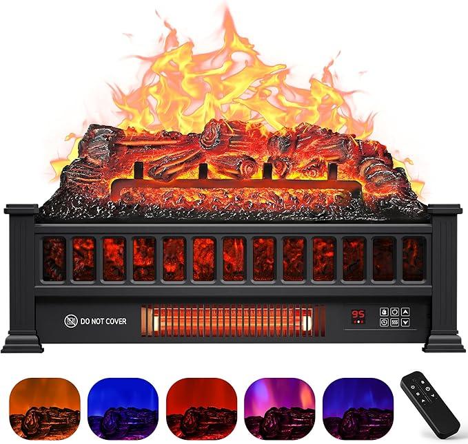 Electric Fireplace Logs Inserts Heater 20-Inch, Remote Controller Fireplace Heater, Adjustable Flame Colors, Realistic Fake firewood Flame, Overheat Protection, Timer, Thermostat, 1500W Black
