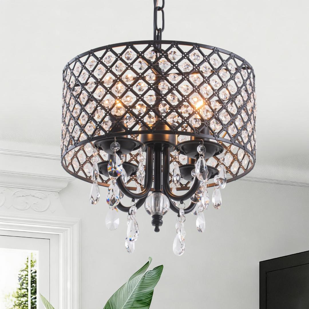 VILUXY Black Crystal Chandelier Modern Ceiling Pendant Light Fixture Drum Raindrop 4-Light Hanging Light for Bedroom Kitchen Island Dining Room Entry