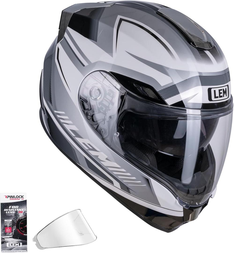 LEM Motorcycle Helmets Full Face, Helmets for Men DOT Certified, PINLOCK & DVS Dual Vision, Motorcycle Street Bike Helmet for Adults Fiberglass Shell Bluetooth Ready for Cruiser(White/Black, Size S)