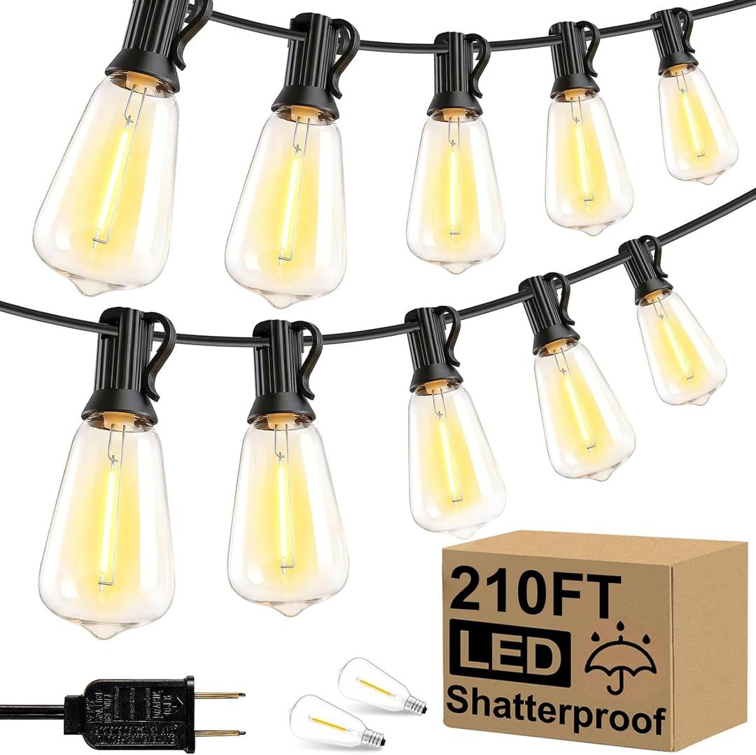 Jedavai Upgraded LED Outdoor String Lights 210Ft Shatterproof Waterproof ST38 Vintage Edison Bulbs Patio Lights Energy Saving Hanging Outdoor for Christmas Porch Deck Garden Backyard Wedding Party