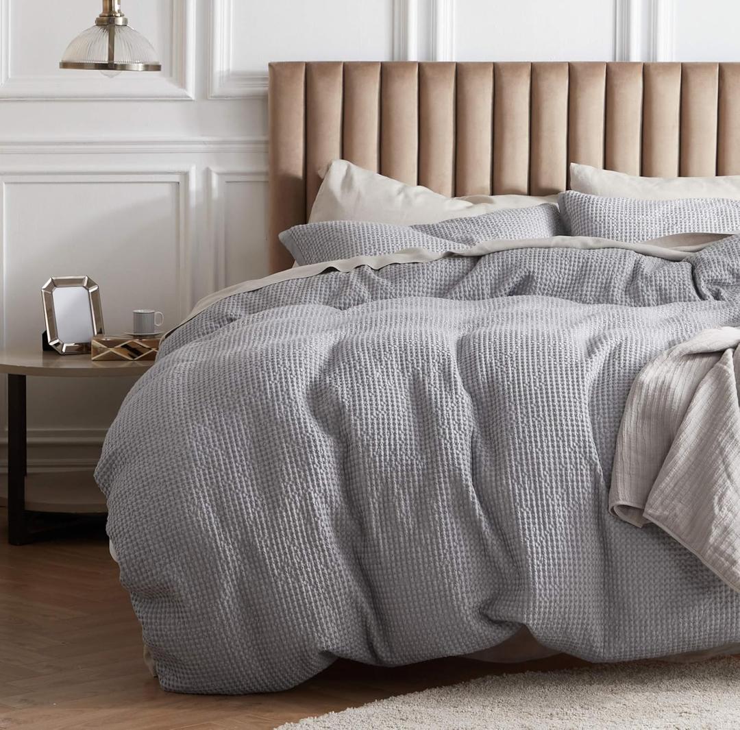 Bedsure Cotton Duvet Cover King - 100% Cotton Waffle Weave Grey Duvet Cover King Size, GentleSoft and Breathable Bedding Set for All Season, 3 Pieces, 104"x90"