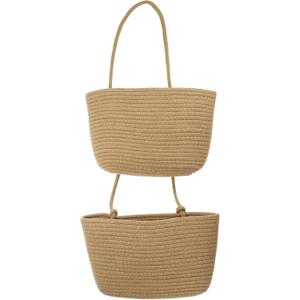 PATIKIL Hanging Basket Over The Door, 2-Tier Hanging Woven Cotton Rope Wall Mounted Storage Baskets Organizer Decorative for Books Flowers Closet Living Room Kitchen, Khaki