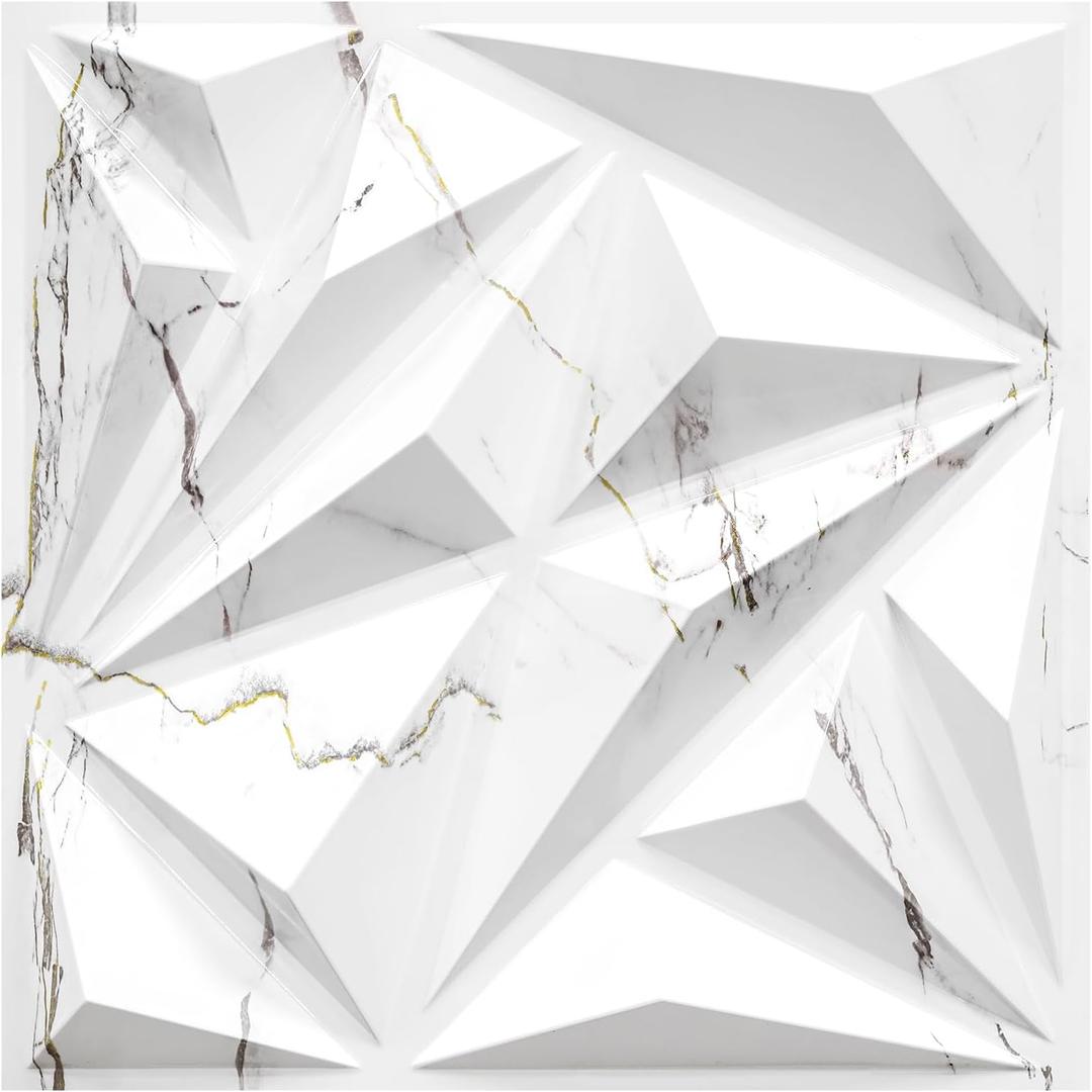 STICKGOO 33 Pack 3D Wall Panels for Interior Wall Decor, 12''x12'' Diamond Textured Wall Panels, White Marble Mixed Gold Thread Accent Covering Panles for Living Room, Gaming Room, TV Background