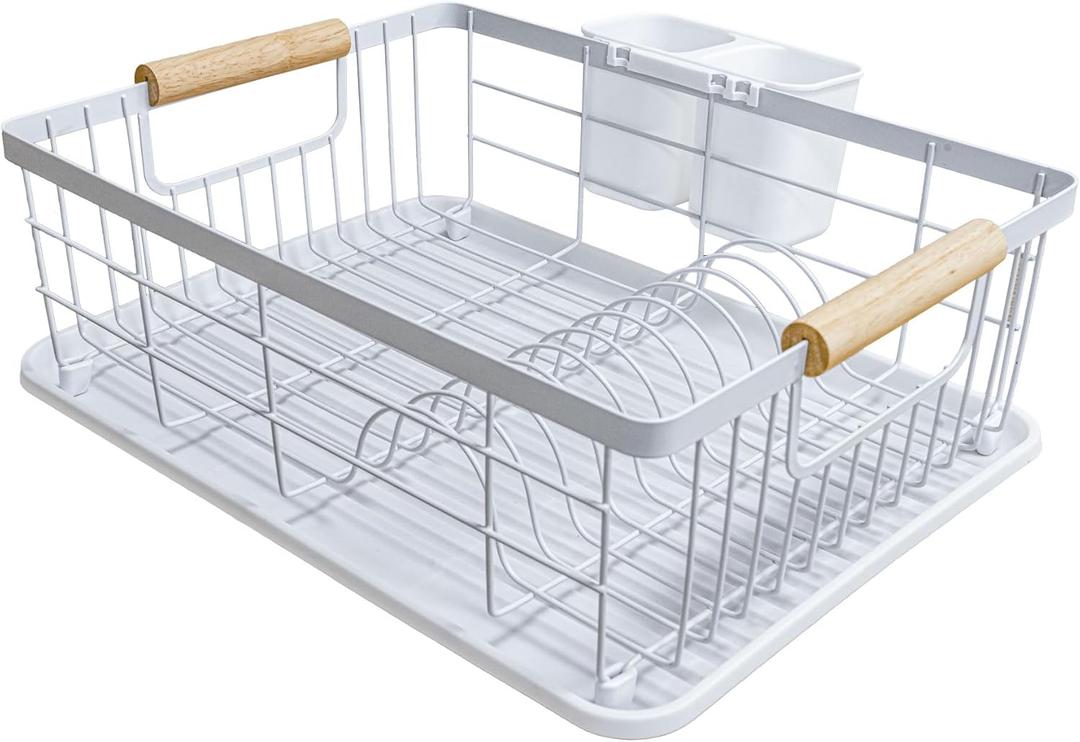 Amig - Graz Dish Rack - 42 x 31.5 x 15 cm - Steel with Wooden Handle - Colour White - Dish Rack with Drip Tray and Cutlery Holder - Capacity for 10 Plates and 6 Glasses