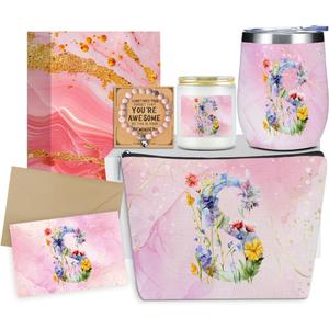 Personalized Gifts Monogrammed Birthday Gifts for Women, New Mom, Grandma Valentine's Day Thank You Christmas, Initial Wine Tumbler Makeup Bag Scented Candle Bracelet Set, (Aesthetic Pink Flower S)