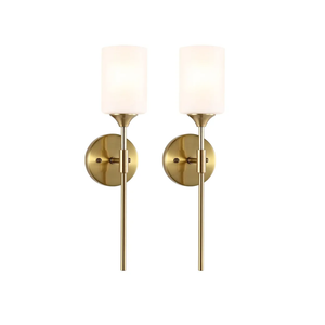 Gold Wall Sconce Set of 2 with White Cylinder Glass Shades Modern Mid Century Bathroom Vanity Wall Light Fixtures Industrial Brushed Brass Wall Lamp for Bedroom Mirror Living Room Restaurant
