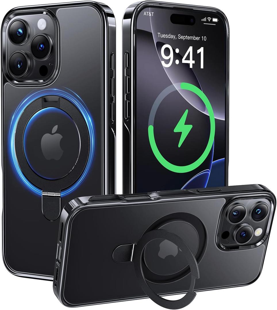 Alphex Titanium Stand Case for iPhone 16 Pro, Polished Black Titanium, Military Grade Drop Protection, Magnetic Stand, Slim 6.3 inch Phone Case