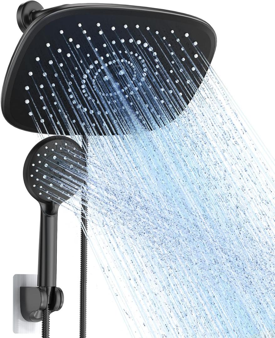 Veken Rain Shower Head with Handheld, High Pressure Rainfall Showerhead Combo with 5 Handheld Water Spray Modes for Bathroom Accessories, Home Decor, Detachable Dual Shower Heads, Matte Black, 10 Inch