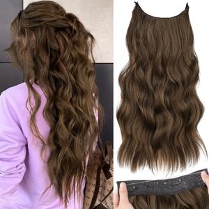 KooKaStyle Invisible Wire Hair Extensions with Transparent Wire Long Wavy Synthetic Hairpiece with 4 Secure Clips Adjustable Secret Headband for Women(20 Inch Chestnut Brown)