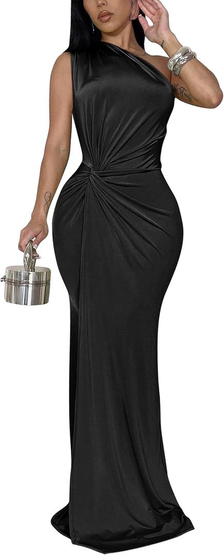 YMDUCH Women's Elegant One Shoulder Sleeveless Twist Waist Bodycon Party Long Dress (Black), S