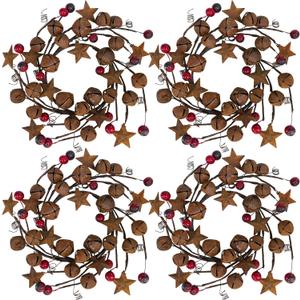 Winlyn 4 Pcs Christmas Jingle Bells Candle Rings Rusty Bells and Stars Wreaths Burgundy Berries 4.1" Center Mini Decorative Wreaths for Primitive Farmhouse Holiday Home Table Decoration Centerpiece