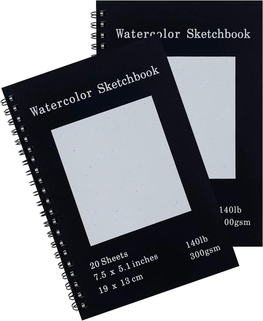 Set of 2, Each with 20 Sheets, 7.5 x 5.1 Inches, 140 lb Cold Press Watercolor Paper, 1150 GSM Black Hard Cover, Spiral Bound, White Pages for Drawing and Painting