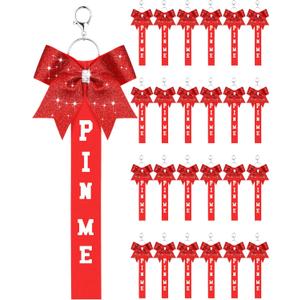 Landical Cheer Pin Me Ribbon Cheerleader Ribbon Keychain with Rhinestones Bow for Cheerleader Bag Backpack (Red)