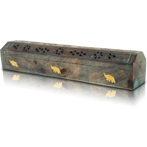 Wooden Incense Stick & Cone Burner Holder Coffin With Storage Compartment Organic Eco Friendly Ash Catcher Agarbatti Holder Rustic Style For Meditation Yoga Aromatherapy Home Fragrance Products (Blue)
