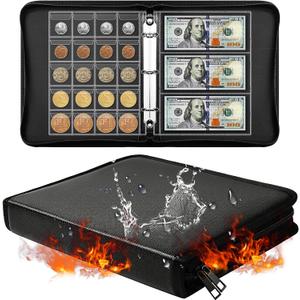 Ettonsun Fireproof Coin Collection Book Holders for Collectors, 460 Pockets Coin Organizer Sleeves Coin Album & 36 Currency Sleeves Album Money Holder Coin Storage Case for Coin Collection Supplies (Black)