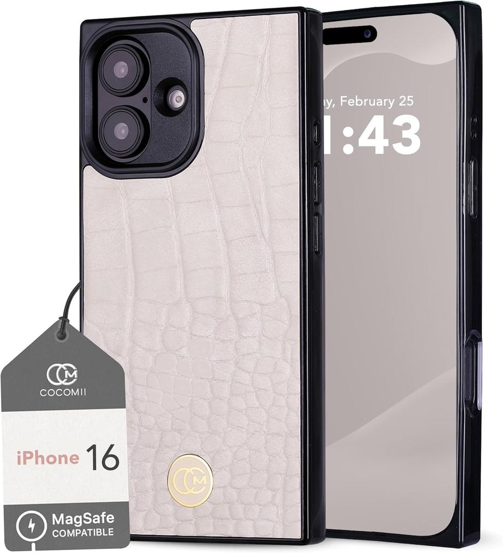 Cocomii - Rectangle Case Compatible with iPhone 16 - Compatible with MagSafe, Crocodile Leather, Fashionable Pattern, Matte, Magnetic Phone Case for iPhone 16 6.1 Inch, Antique White
