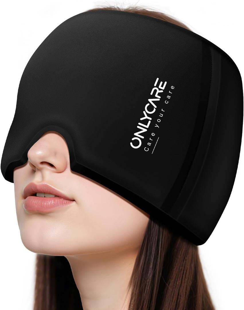 ONLYCARE Migraine Relief Cap, Upgraded Odorless Headache Relief Cap, 360 Gel Surround Ice Pack Mask for Migraine, Sinus, Stress, Frontal Headaches (Black)