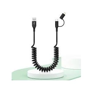 USB to USBC and Lightning Cable Combo 2 in 1 Coiled Cable Support Apple Carplay & Android Auto [MFi & 3A Fast Charge & Data Sync] Coiled Lightning and USB C Cable for iPhone 17/16/15/14/13/12/Android