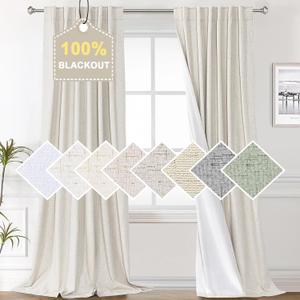H.VERSAILTEX Faux Linen Texture 96 Inches Curtains for Bedroom 100% Blackout Thermal Insulated Antique White Curtains Back Tab/Rod Pocket Darkening Drapes for Living Room Nursery 52x96 Inch (2 Panels)