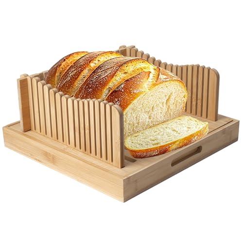 3-in-1 Foldable Bamboo Bread Slicer Tray with Crumb Catcher & Adjustable Guide - Perfect for Homemade, Sourdough, Sandwich Bread - Slice Perfectly into Even, Thin Pieces (Knife Not Included)