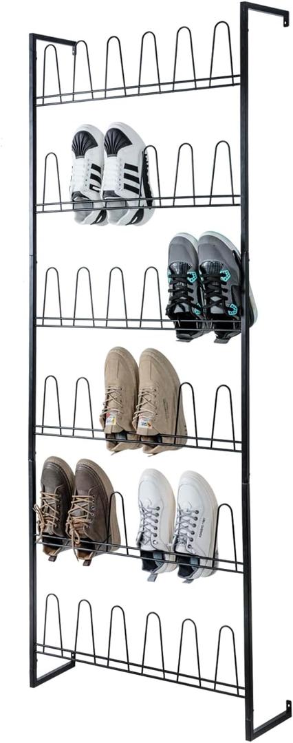 MyGift 70 Inch Black Metal Wall Mounted Shoe Rack for efficient vertical storage, shoe storage for Closet with 36 Hooks, Holds up to 18 Pair for Entryway
