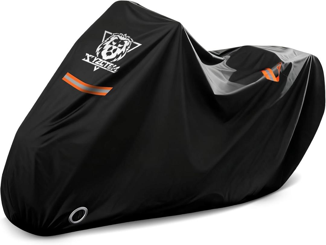 XYZCTEM Motorcycle Cover Waterproof Outdoor All Season Protection Motorcycle Storage Night Reflective Handles with Lock-Holes Storage Bag Fits up to 97" Motorcycle Vehicle Covers, Black