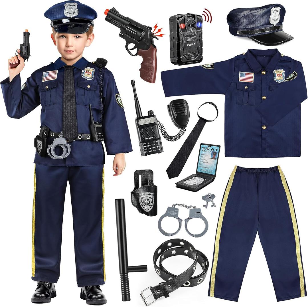 Joycover Police Officer Costume for Kids - Deluxe Police Costume for Kids with Accessories, Kids Halloween Costumes for Boys Girls, Cop Outfit Role Play Kit for Halloween Career Day-L (L(8-10Y))