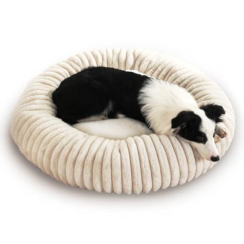 31.5“ Calming Donut Pet Bed, Premium Striped Faux Rabbit Fur Anti-Anxiety for Dog & Cat, Shredded Sponge & PP Cotton Double Filling (Orthopedic Support), Fully Washable, Durable, Waterproof & Non-Slip
