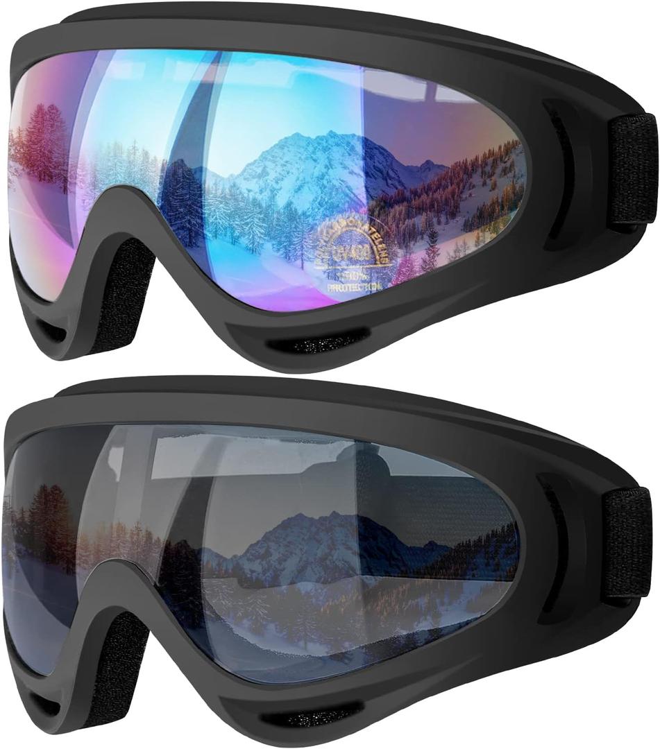 COOLOO Ski Goggles, 2 Pack Snow Goggles Snowboard Goggles for Men Women Kids - UV Protection Foam Anti-Scratch Dustproof (One Size, 01.Multicolor/Gray)