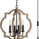 Plug in Chandelier with 16.4ft Cord,On/Off Switch,4-Light,Wood Color,Orb Wood Farmhouse Light fixtures,Outdoor Chandelier for Gazebo, Kitchen Island Dinning Foyer Entryway