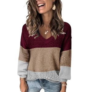 JOCAFIYE Womens Sweaters 2025 Cute Elegant Soft V-Neck Long Sleeve Hollow Knit Pullover Tops for Women Splice Wine Red Size M