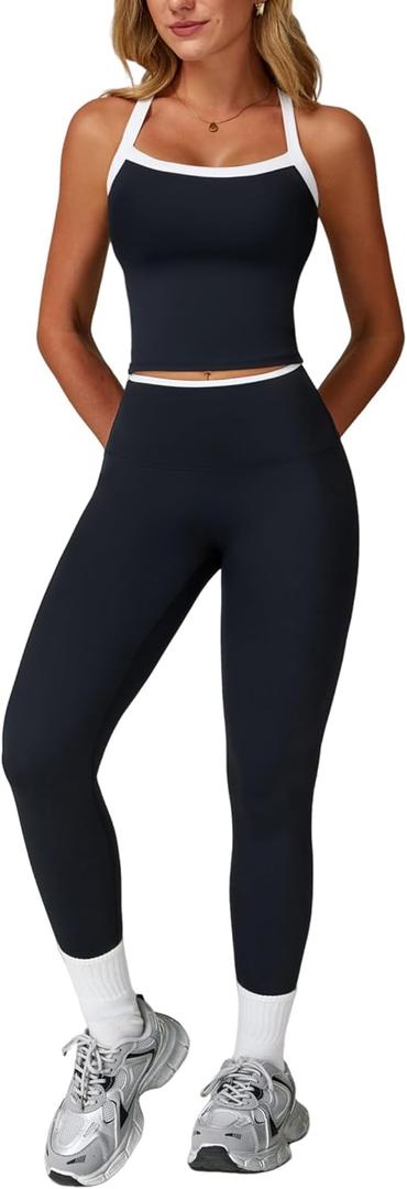 QBGJTD Womens Workout Sets Two Piece Cross Back Tank Top Matching High Waist Leggings Sets Gym Outfits Work Out Clothes (Black, M)