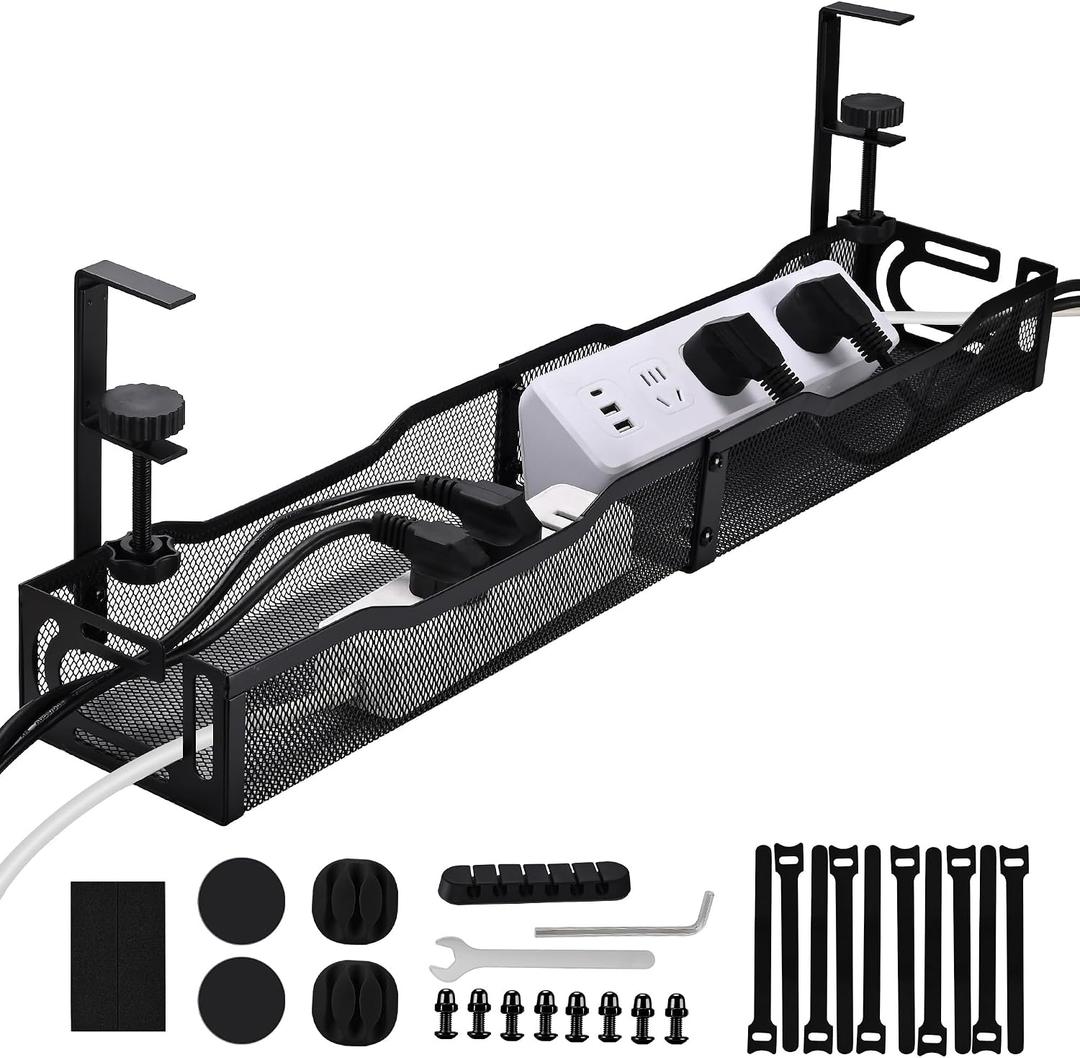Under Desk Cable Management Box 25.3 Inch Clamp-Mounted Cable Organizer Tray, Large Cord Management Box for Office & Home, Wire Organizer Under Desk Storage, Black
