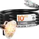 10 ft 12 Gauge 3 Outlet Extension Cord Splitter with Indicator, Waterproof Indoor/Outdoor Extension Cord with Multiple Outlets, 15A 1875W for Home & Workshop, ETL Listed, Flexible Black SJTW