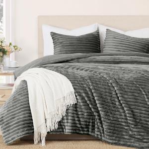 Geniospin Fleece Queen Comforter Set, Soft Fuzzy Queen Bedding Sets, 3-Pieces Gray Comforter Set for All Season, Warm Fluffy Comforter with 2 Pillow Cases (Queen (90"x90"))