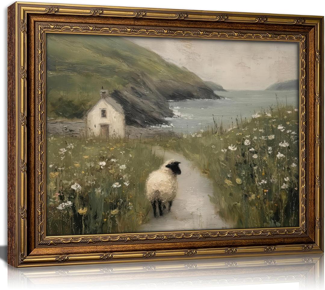 Vintage Gold Framed Sheep Wall Art Ireland Coastal Farmhouse Sheep Wall Decor Seaside Country Landscape Painting Picture Irish Cottage Rustic Print Artwork for Living Room Bedroom Home Decor, 24"L x 16"W