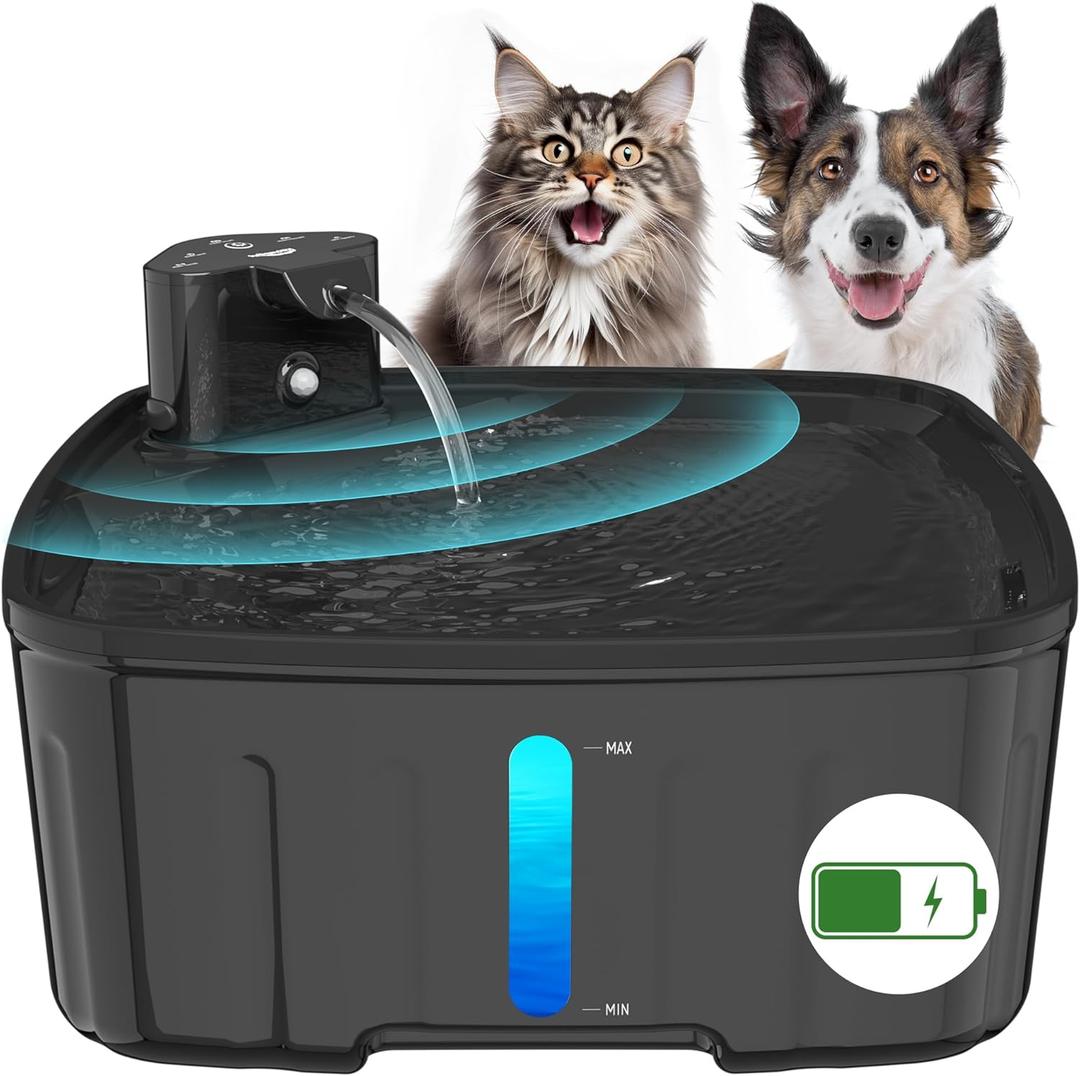 Dog Water Fountain Wireless,2.1GAL/8L Large Dog Water Fountain Battery Operated, Dog Fountain Water Bowl with Sensor,Wireless Smart Pump,Timer,BPA-Free,Ideal for Large Dogs,Multi-Pet Home (Black)