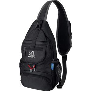 WATERFLY Packable Small Crossbody Sling Backpack Shoulder Chest Bag Daypack for Hiking Traveling (Black)