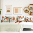 Merrycolor Farmhouse Flower Decorative Throw Pillow Covers 18X18 Inch Set of 4 Autumn Orange Fall Floral Leaves Pillow Covers Linen Cushion Case Fall Decor for Home Sofa Bed