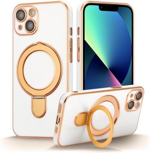 ZCDAYE Magnetic Case for iPhone 14 with Invisible Stand, [Compatible with MagSafe] [Full Lens Protection] Plating Kicktsand Solid TPU Case Cover for iPhone 14 (6.1 inch), White
