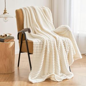 MIULEE Fleece Throw Blanket with Stripe Pattern for Couch Super Soft Fuzzy Flannel Cream White Blanket Plush Warm Cozy Bed Blanket for Sofa Chair Twin Size 60"x80"