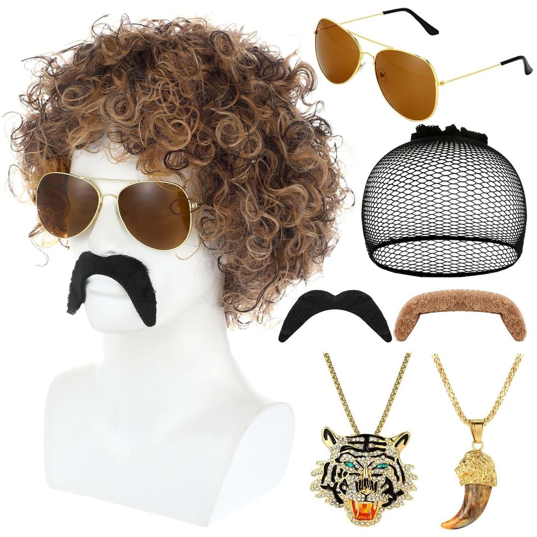 Mepase 7 Set 70s 80s Disco Wig with Mustache Glasses Fully Roaring Tiger Disco Necklace Golden Pendant Chain Short Curly Hair Afro Men Wig for 70s 80s Hip Hop Costume Halloween Cosplay Use