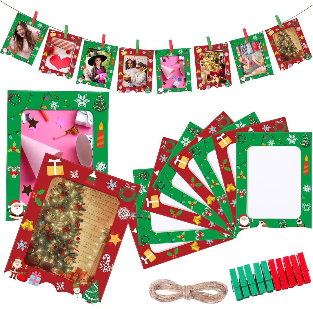 Janlaugh 100 Pcs Christmas Paper Photo Frames 4x6 Red and Green Paper Picture Frame with 100 Clip 10 String Kit DIY Hanging Cardboard Photo Holder Christmas Wall Decor Wedding Home